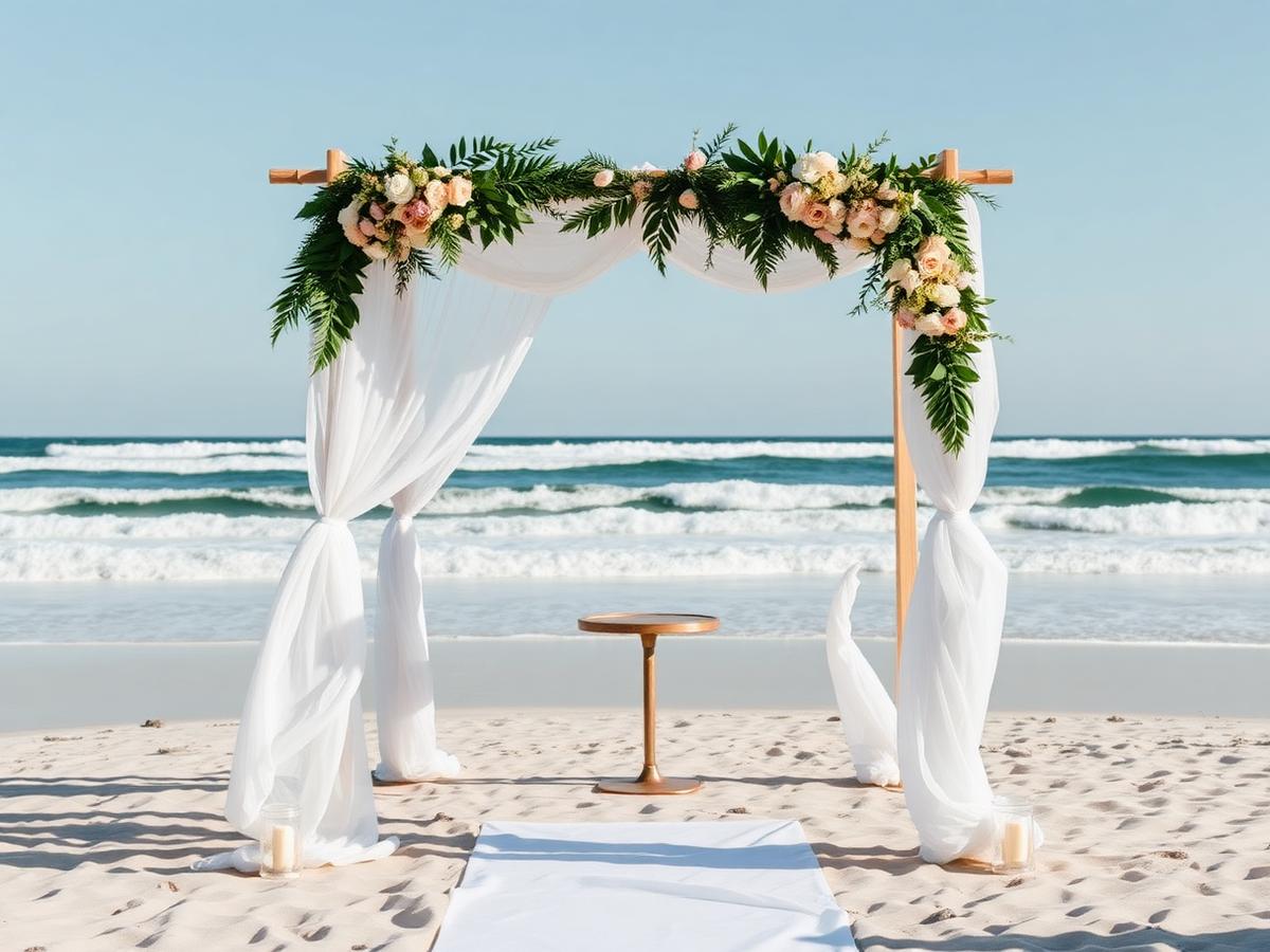 Coastal wedding ceremony setting with neutral styling and greenery